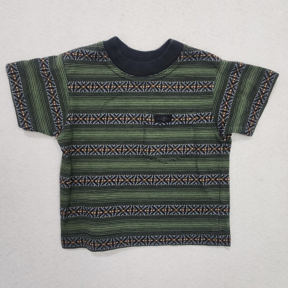 Billabong T-Shirt Kids Small Green Fair Isle Knit Pocket Short Sleeve Crew Neck